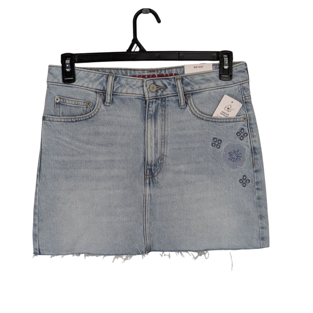 New $69.50 Lucky Brand Sz 4/27 Mini Denim Skirt Raw Hem Embroidered Flowers